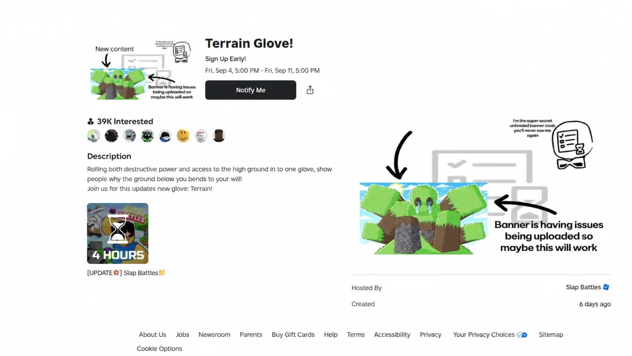 Roblox event page for Terrain Glove showing the description and notify button