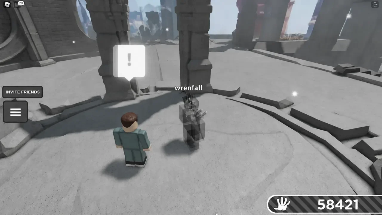 Exclamation interaction prompt floating above a character in the Slap Battles arena