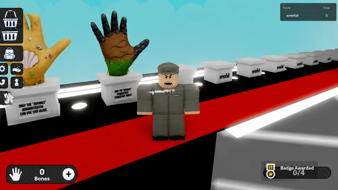 Glove stands in the Slap Battles lobby with a badge progress counter shown on screen
