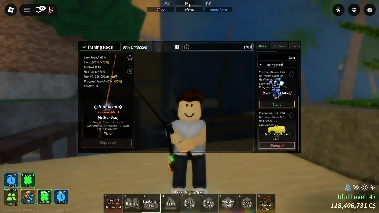 Fishing Rods menu filtered by a search for artis, showing the equipped Artisan Rod