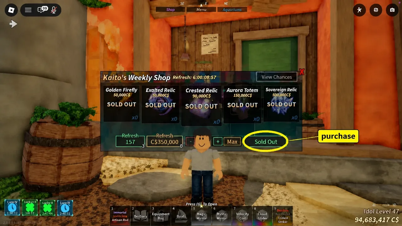 Kaito's Weekly Shop menu with a Sold Out button on an item entry