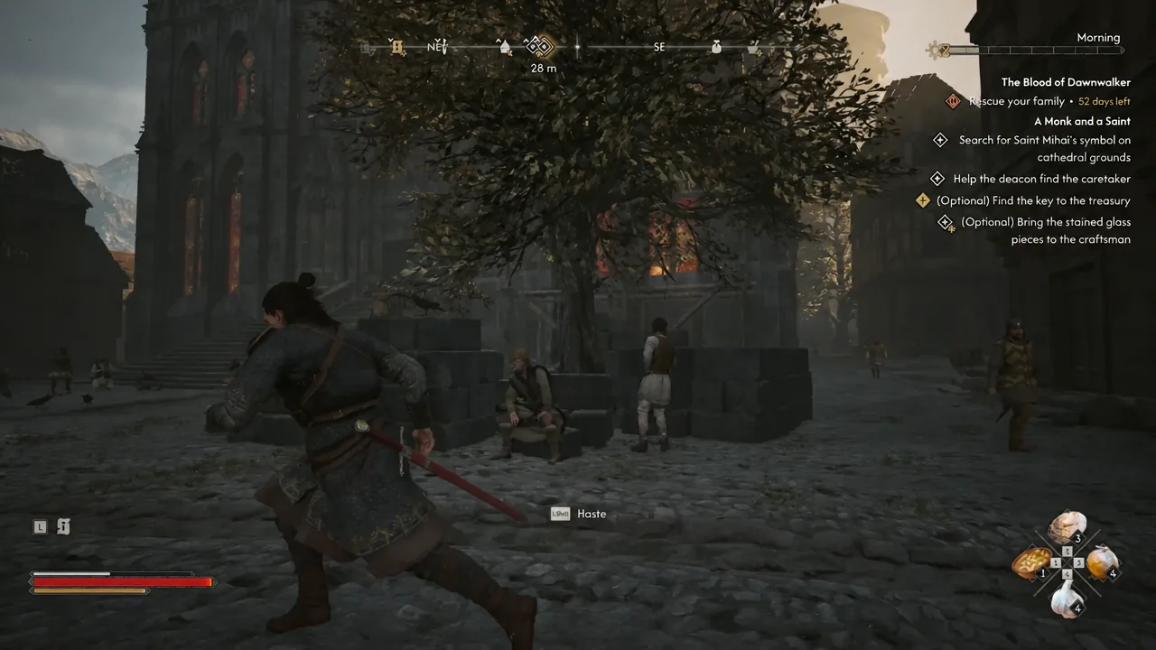 Coen sprinting across the cathedral courtyard in daylight with the Haste prompt on screen