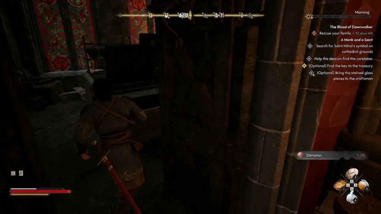 The storage room interior after the Acolyte unlocks the door, with an optional key objective listed