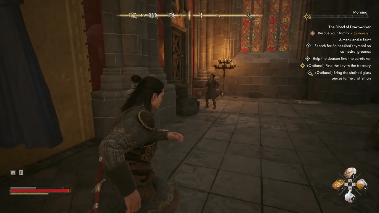 Quest tracker showing the Rescue your family objective while walking through the cathedral