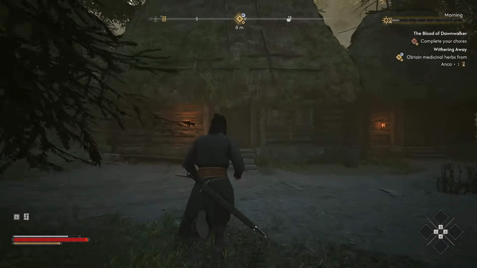 Coen approaching Anca's thatched hut in a forest clearing