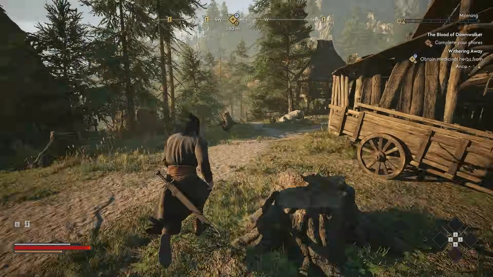 Coen running along a village dirt path with the Withering Away objective tracked on the HUD