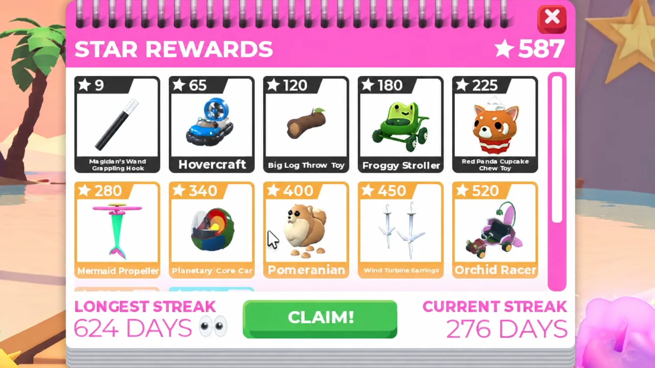 Green CLAIM! button on the Adopt Me Star Rewards screen for the daily streak reward