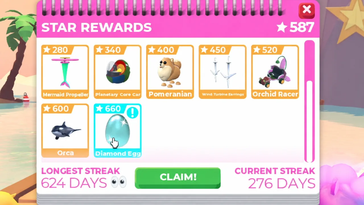 Cursor hovering over the Diamond Egg reward in the Adopt Me Star Rewards menu