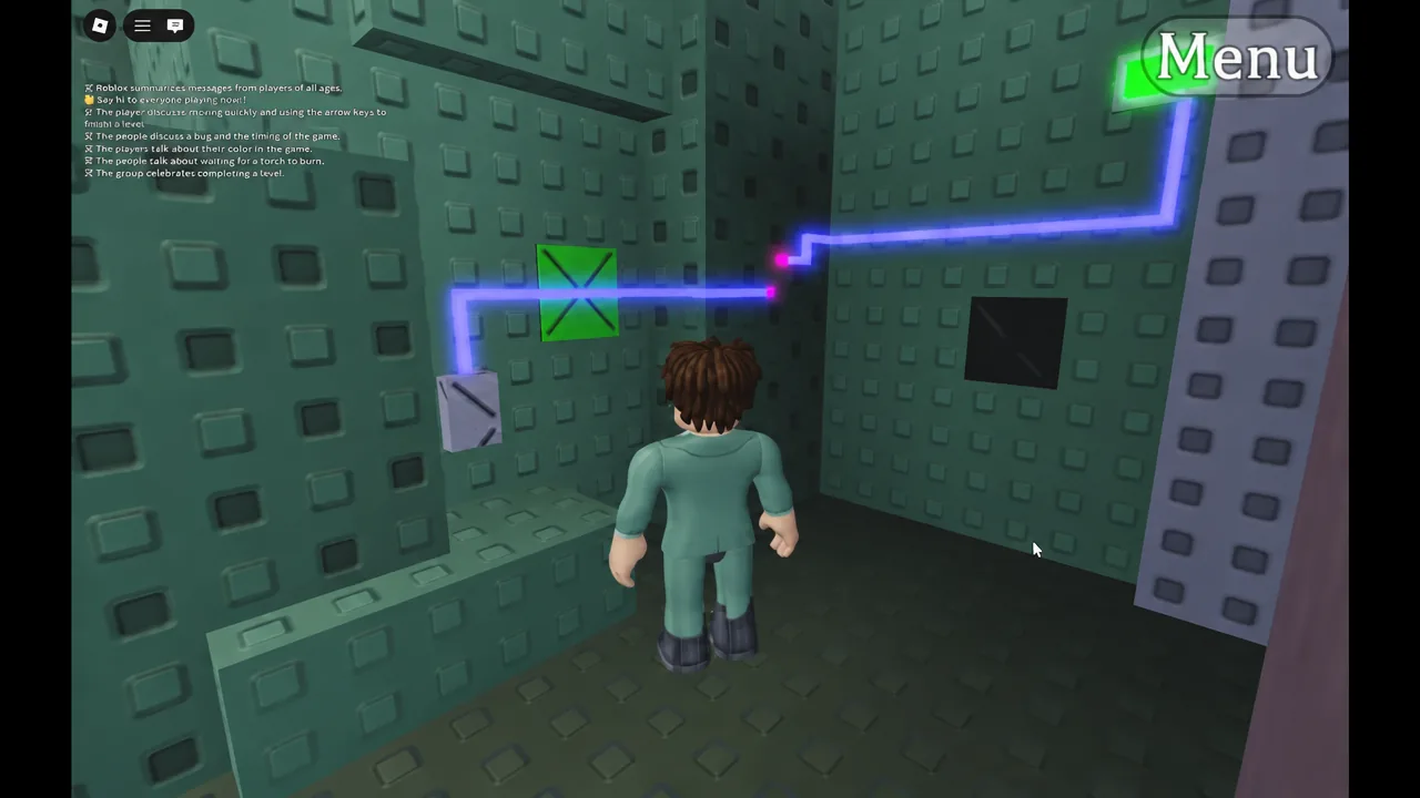 Menu button highlighted while the avatar stands near a glowing circuit wall in Level III