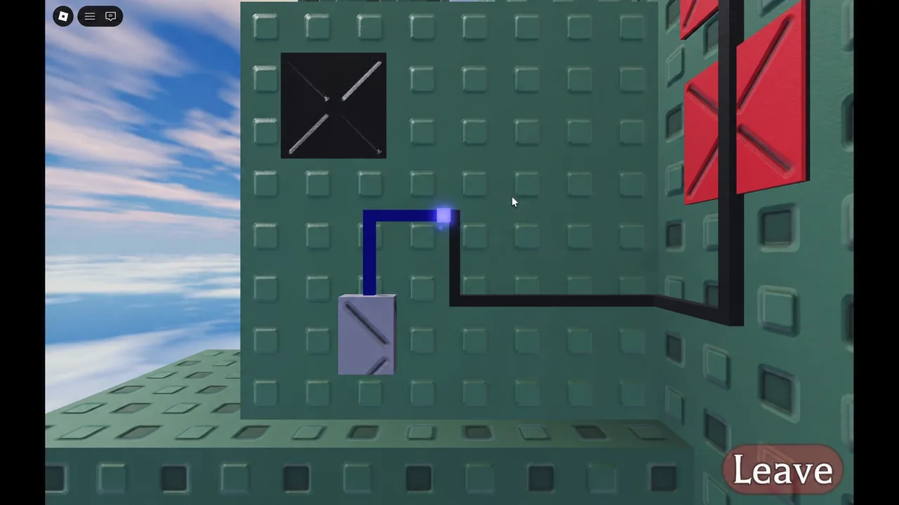 Wiring puzzle in progress with a blue cable running from a lower block to a glowing wall node
