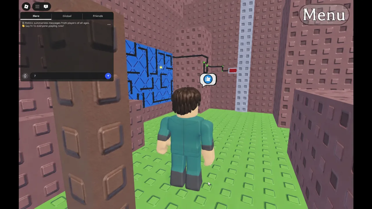 Roblox gameplay view with the Menu button highlighted in the top-right corner