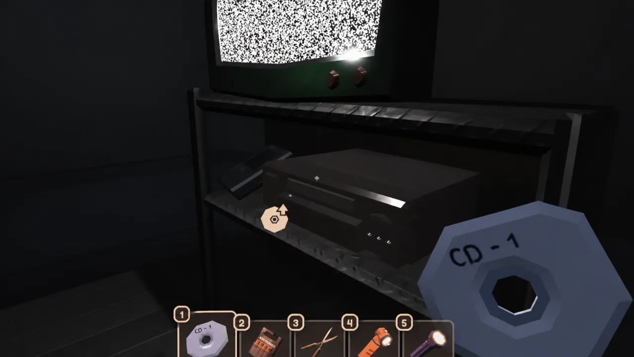 CD - 1 equipped in the first hotbar slot, lined up with the media player deck under a TV
