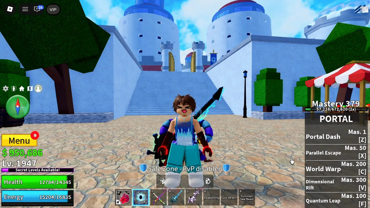 Portal ability panel in Blox Fruits with hotbar slot 2 highlighted and mastery requirements listed