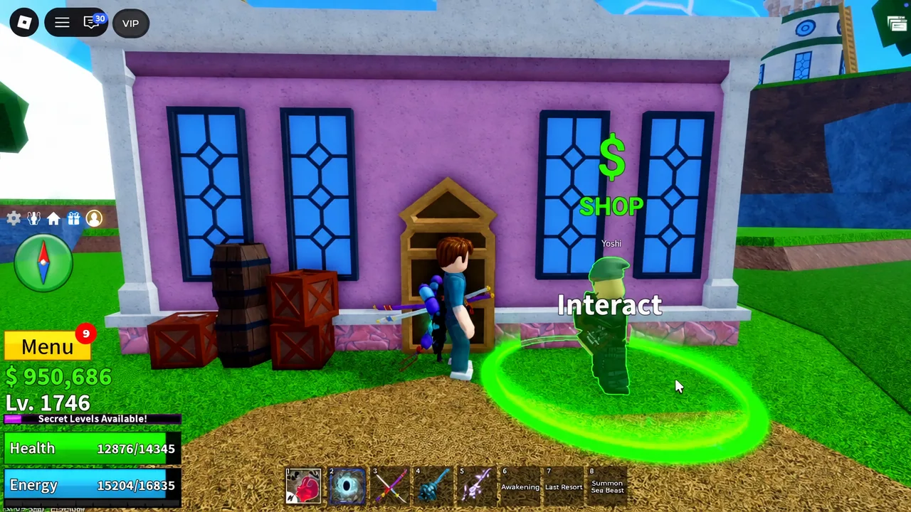 The Shop interaction prompt lighting up as the player steps next to Yoshi in Skylands