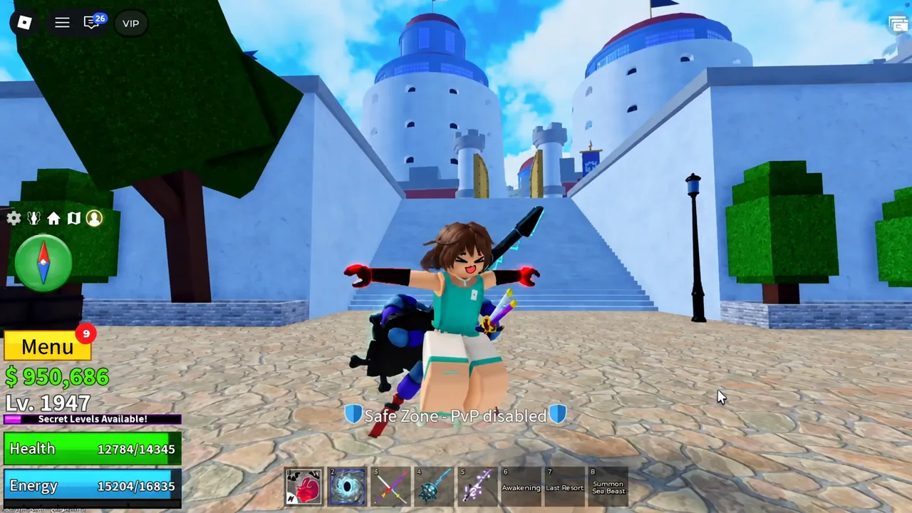 Blox Fruits gameplay with the yellow Menu button highlighted while the player stands in a Safe Zone