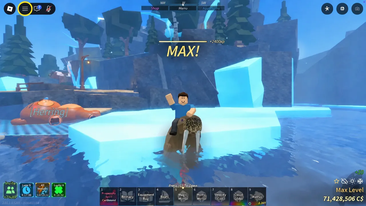 Player riding the caught Walrus with the hotbar item highlighted at Max level