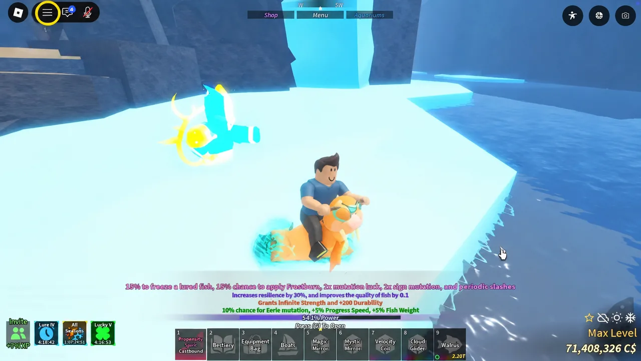 The Fisch menu button highlighted in the top-left corner of the screen