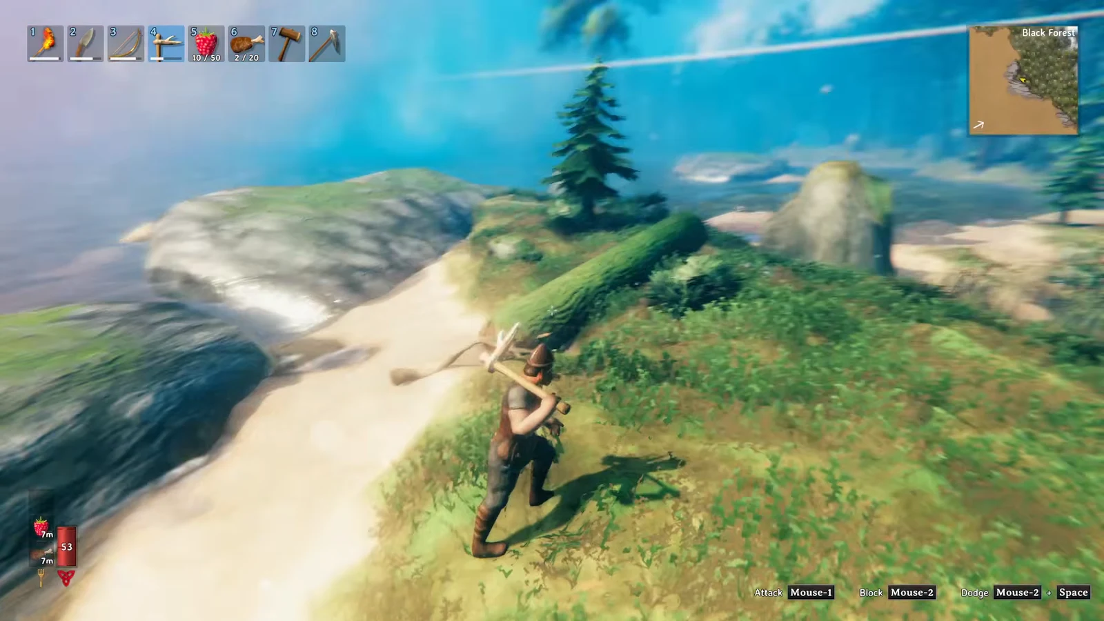 Valheim character running along a Black Forest shoreline with a pickaxe equipped in the hotbar