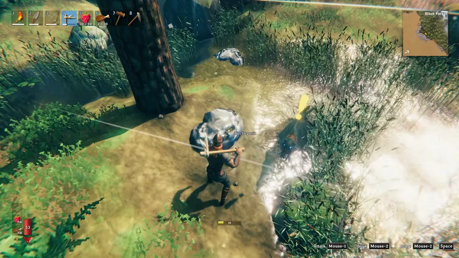 Pickaxe striking a highlighted Tin Deposit on a Black Forest riverbank in Valheim