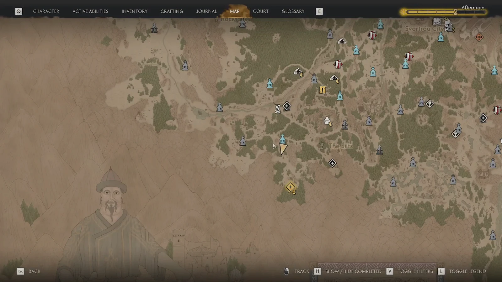 World map open with the player marker in the Silts and nearby quest icons visible