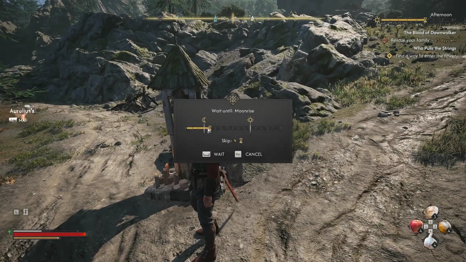 Shrine wait menu set to Moonrise with the Wait prompt highlighted