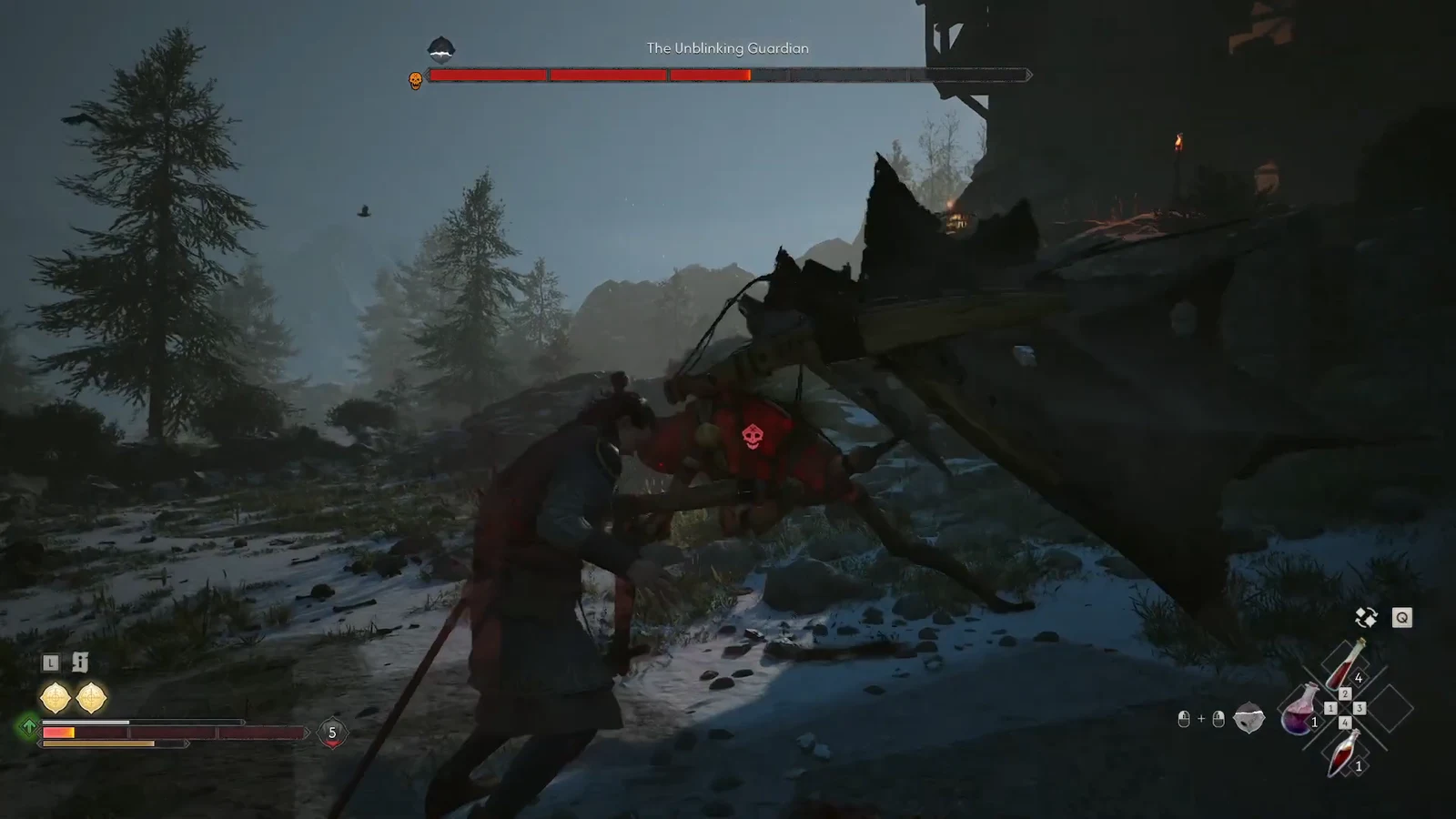 Attacking The Unblinking Guardian in the snowy clearing outside the tower