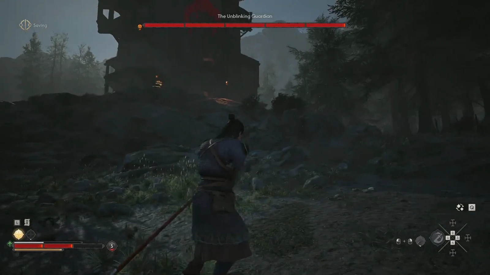 Player closing in on The Unblinking Guardian as its boss health bar appears on screen