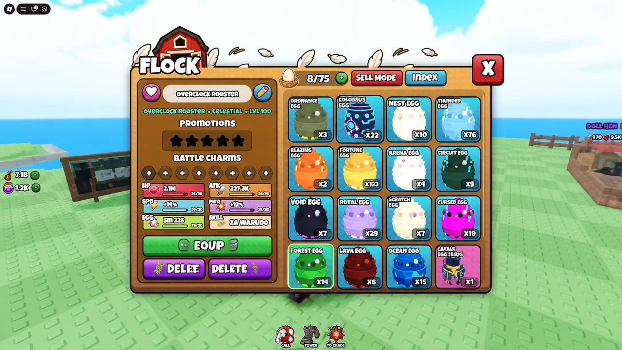 Flock inventory INDEX tab open, browsing a selected rooster and available egg items