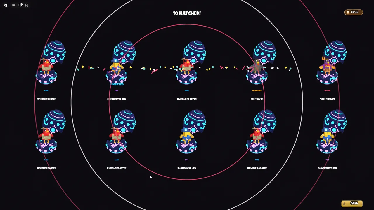 The 10 HATCHED results screen showing newly hatched chickens with a Sell button