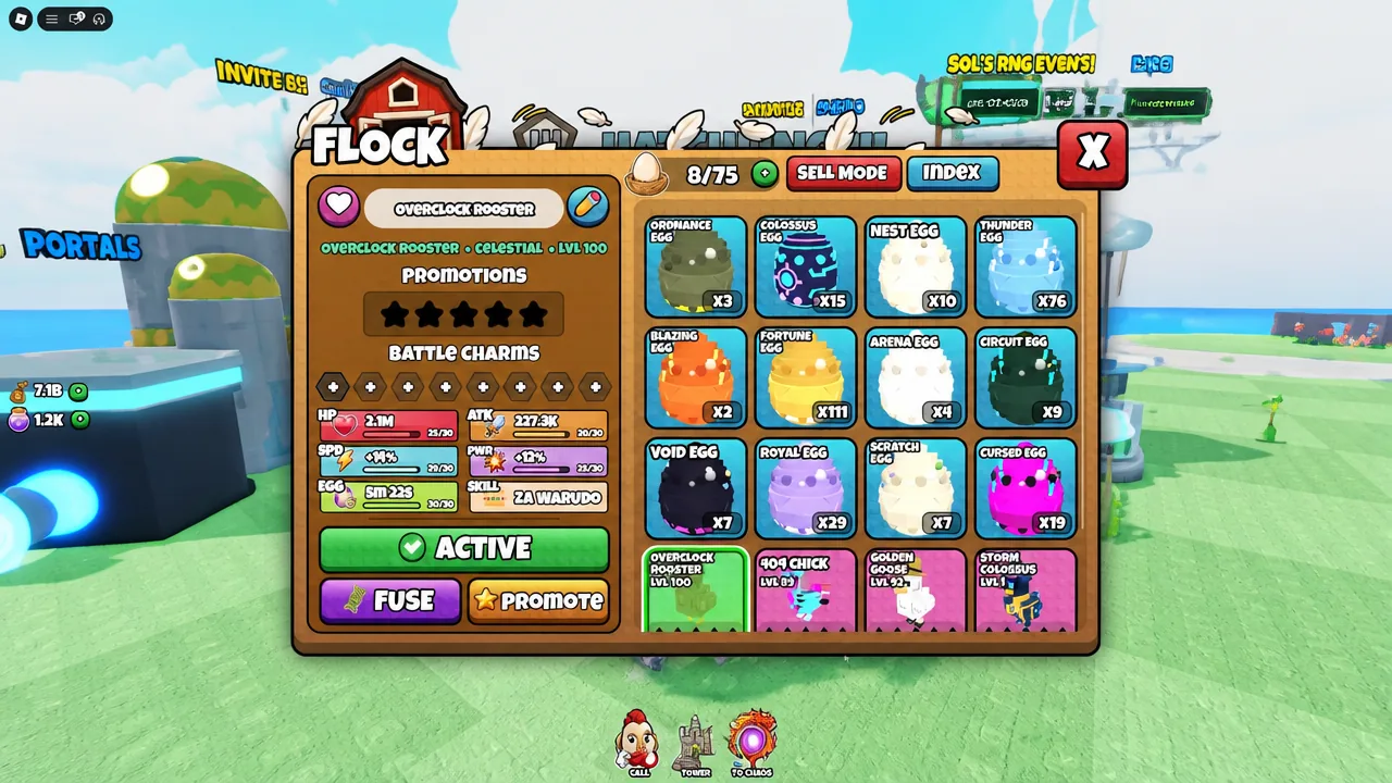 Flock menu showing an active rooster selected with its egg inventory on display
