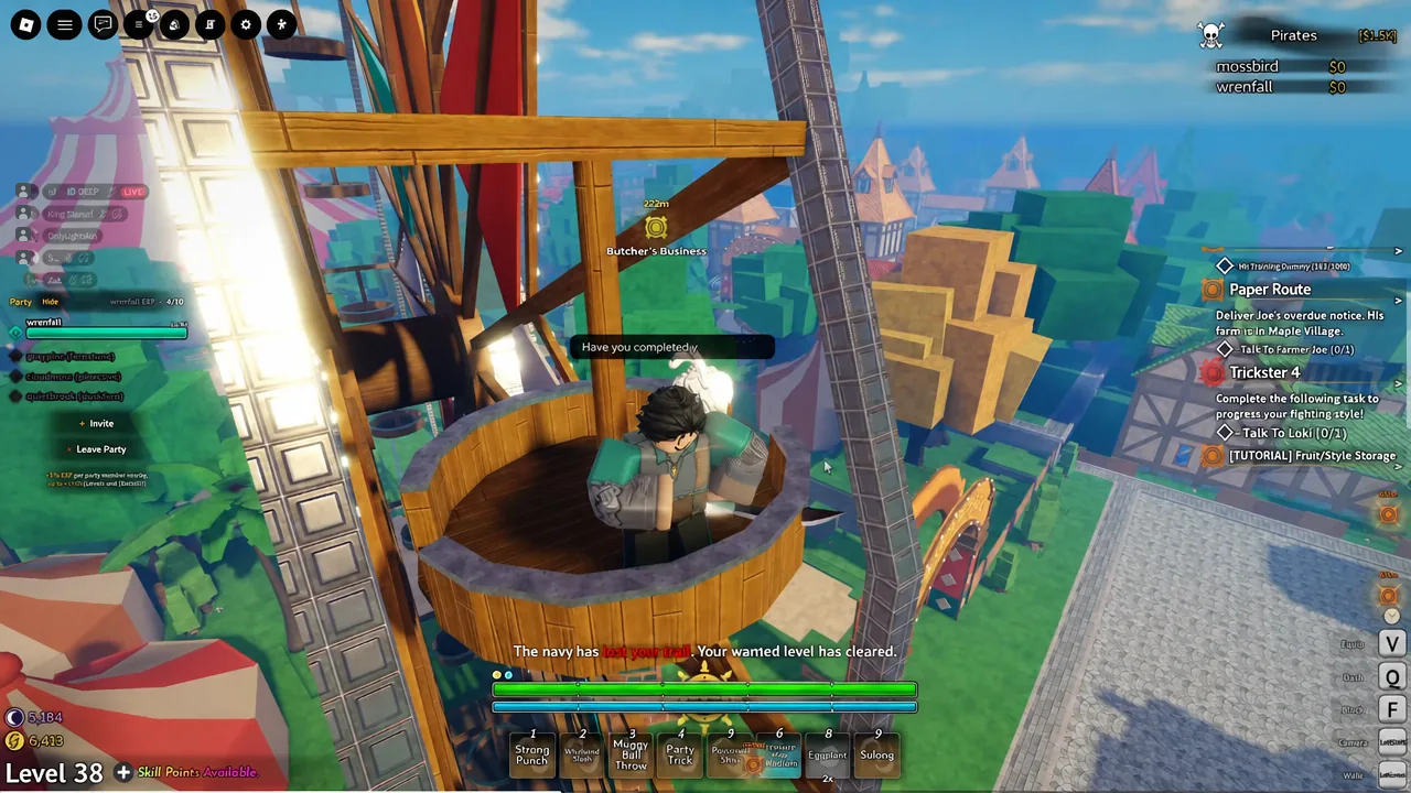 Grand Blue town area with an NPC interaction and a side quest tracker visible on the right of the screen
