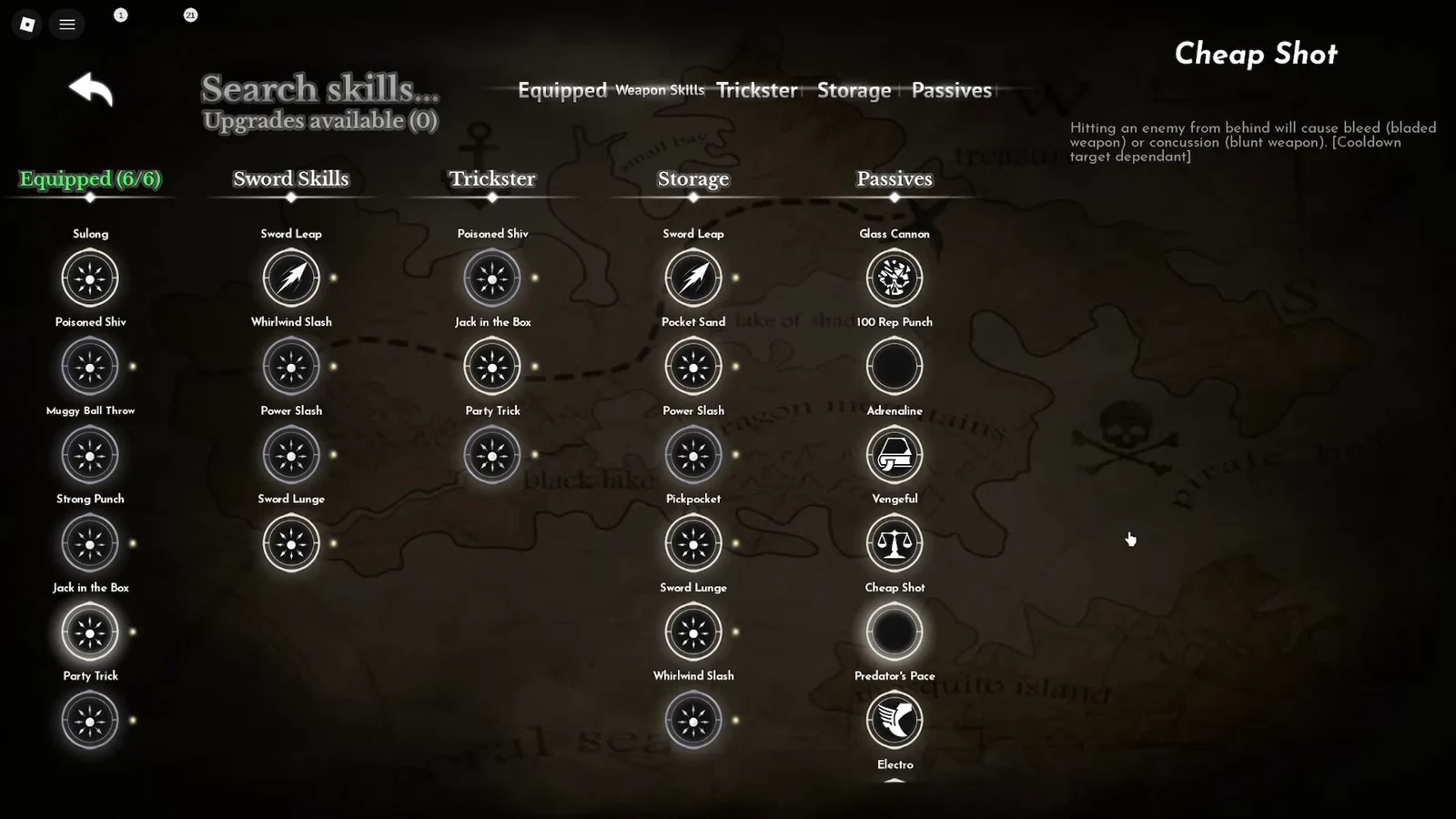 Grand Blue skills menu showing the Cheap Shot passive and its bleed and concussion description