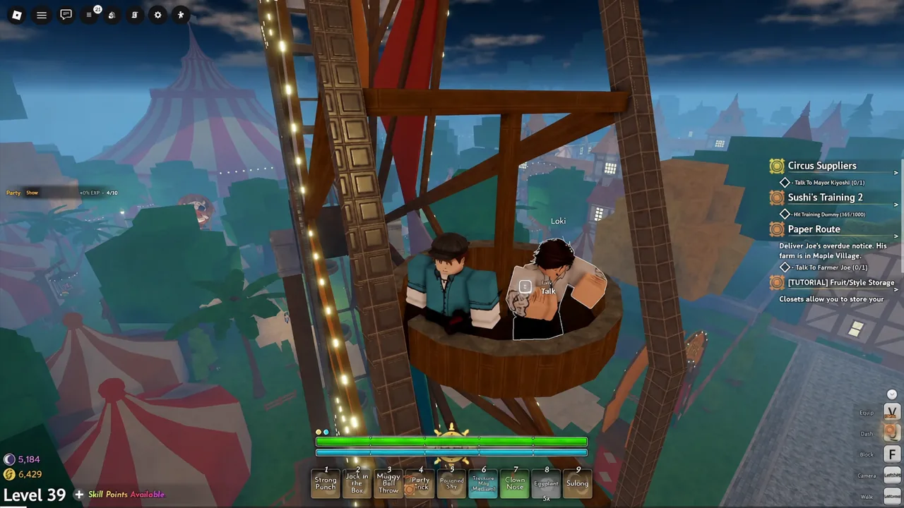 Loki seated in a Ferris wheel carriage in Clown Town with the Talk interaction prompt on screen