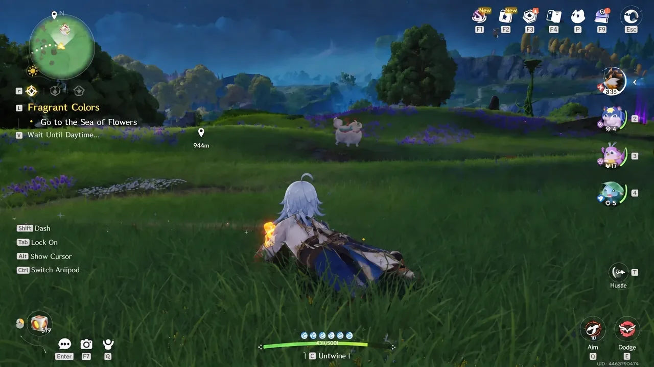 Aniimo gameplay with an on-screen quest tracker and a prompt to wait until daytime
