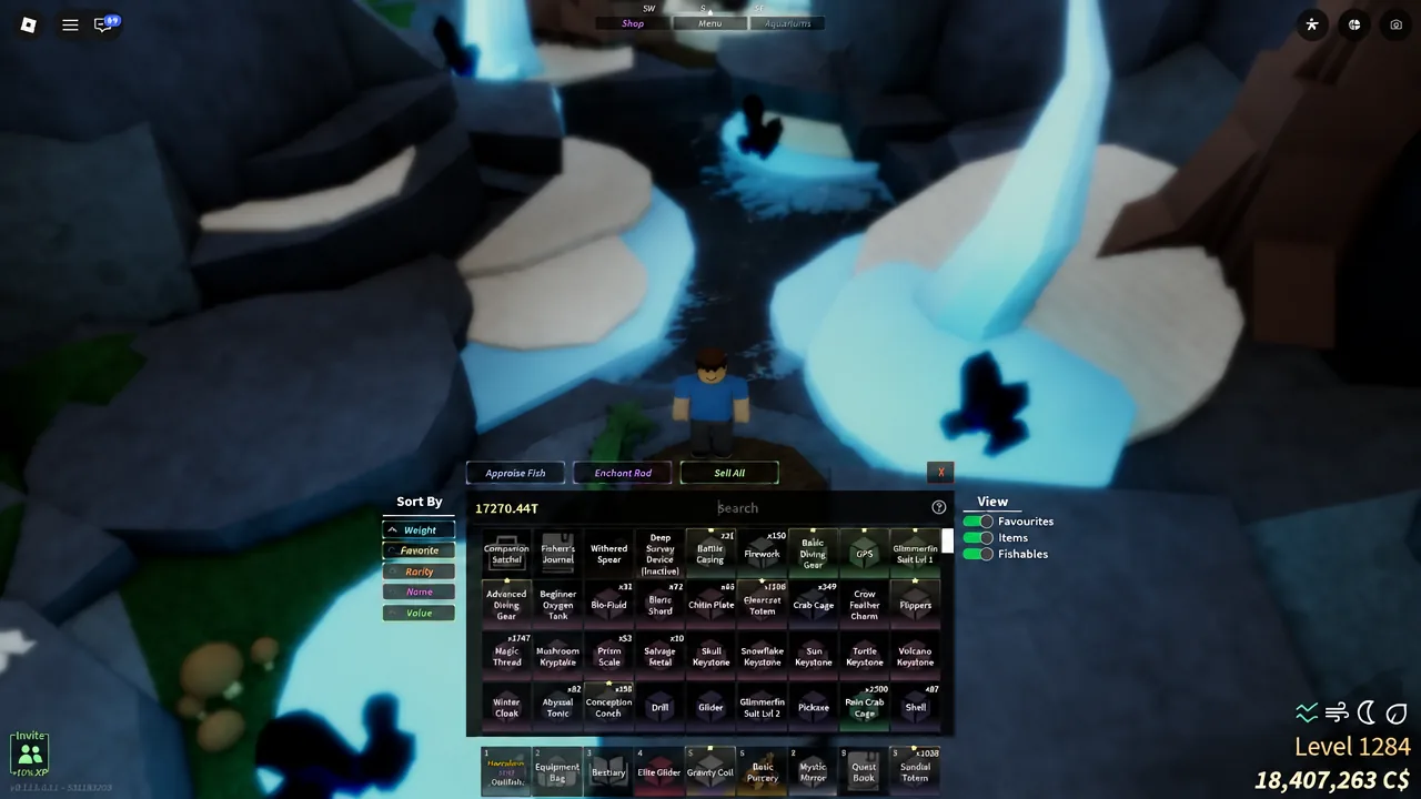 Inventory search filtering to the Unstable Crystal entry with its weight and value stats shown