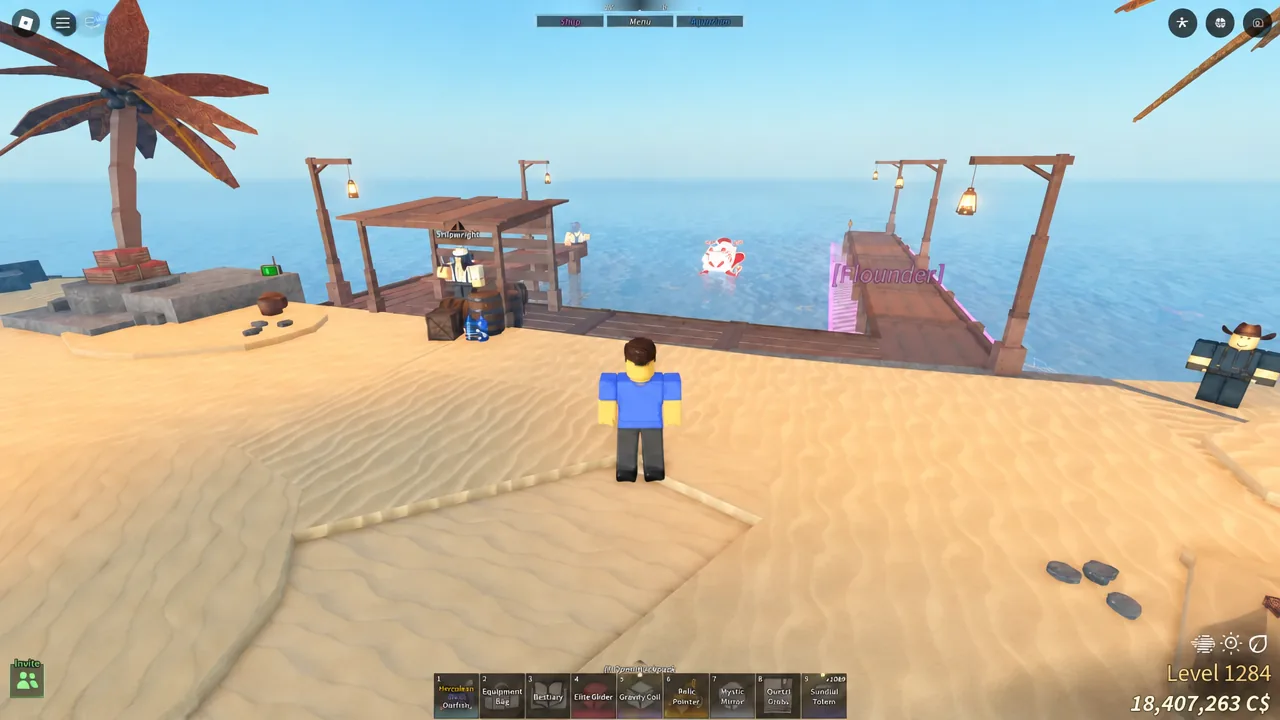 Player avatar standing on the sandy beach beside the starting dock before setting out
