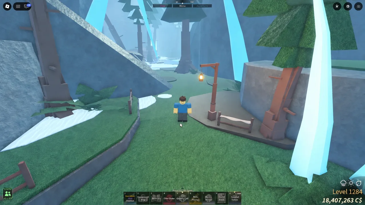 In-game menu open on the Shop tab while the avatar stands in the snowy pine forest