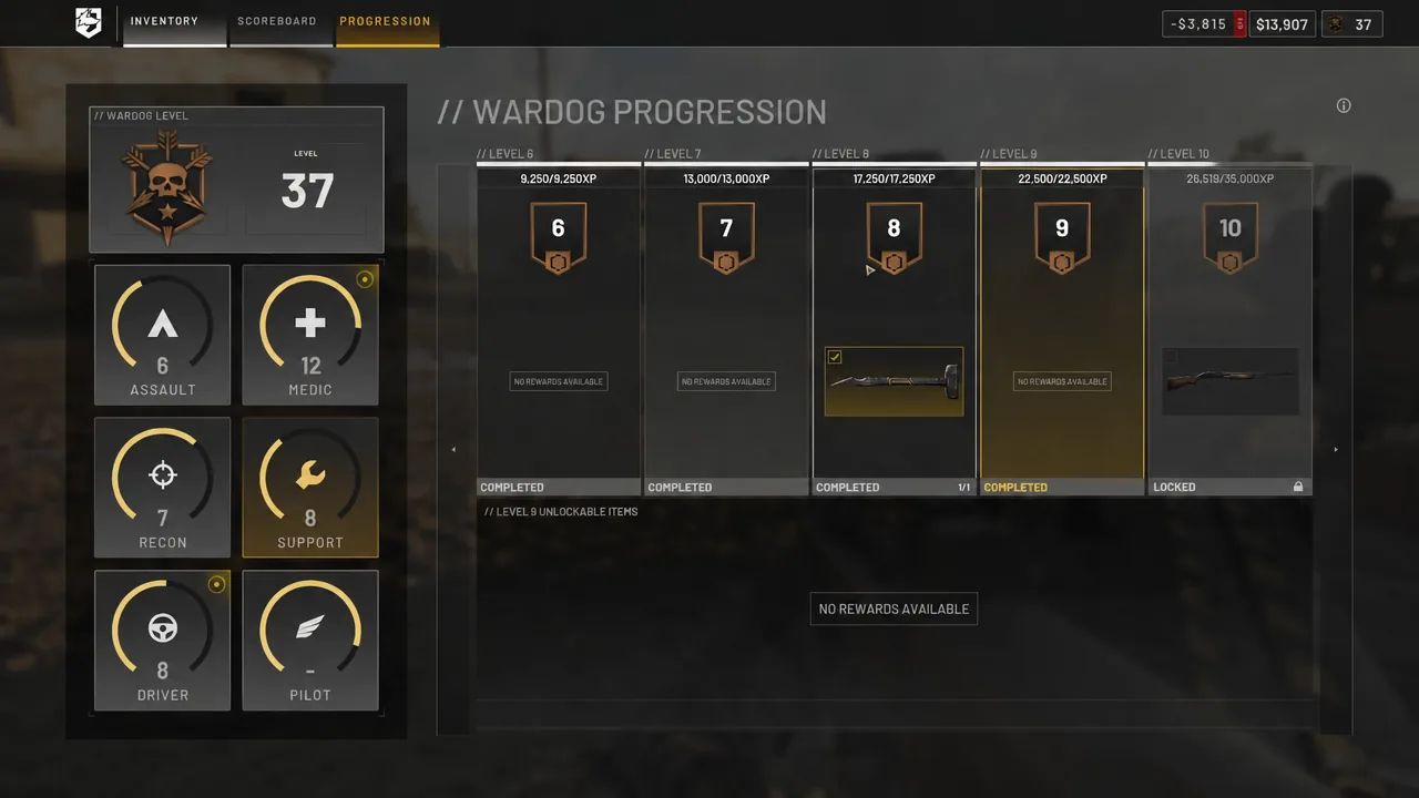 Wardog Progression screen showing role levels and the unlockable rewards attached to each one
