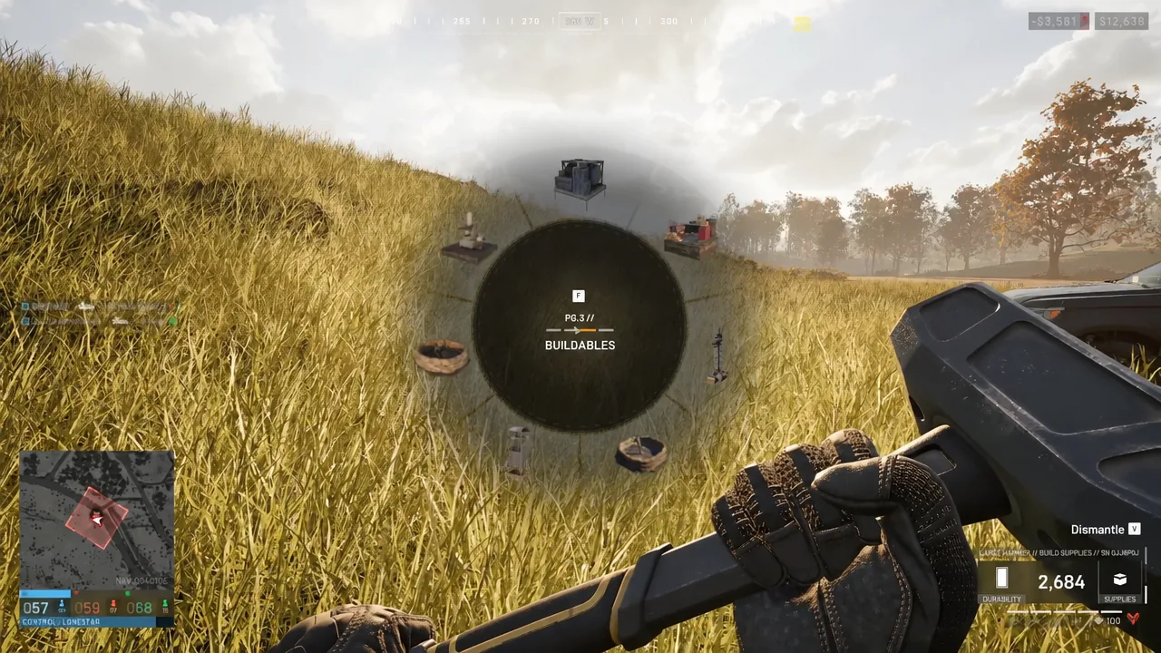 The BUILDABLES radial menu open in Wardogs with structure options and the page counter visible