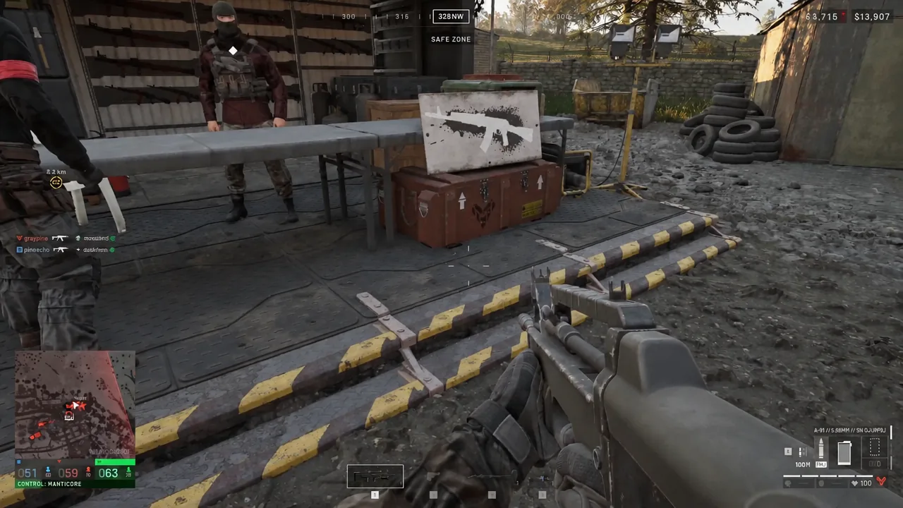 Player standing in a Wardogs safe zone looking at a vendor crate marked with a weapon icon