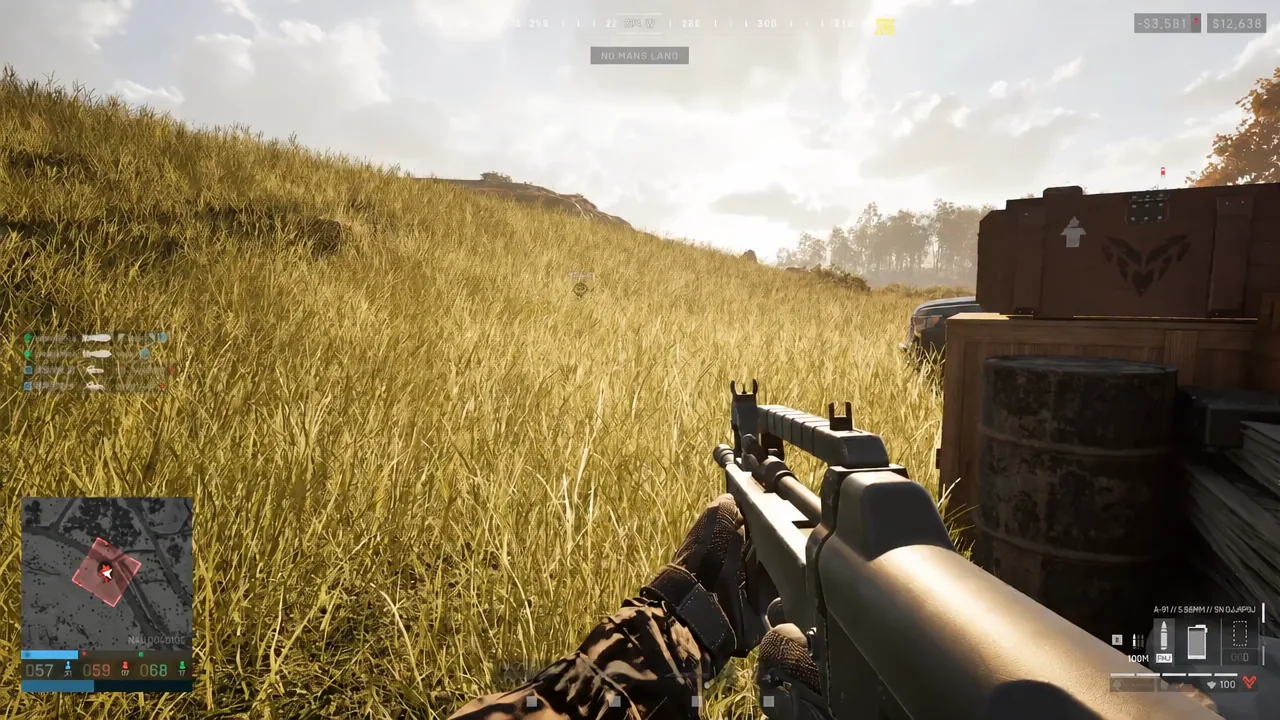 Player moving through tall grass past stacked supply crates in a No Man's Land area