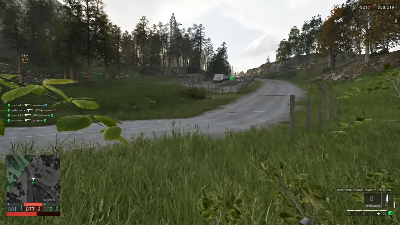 Player moving along a forest road outside the safe zone with a green waypoint marker ahead