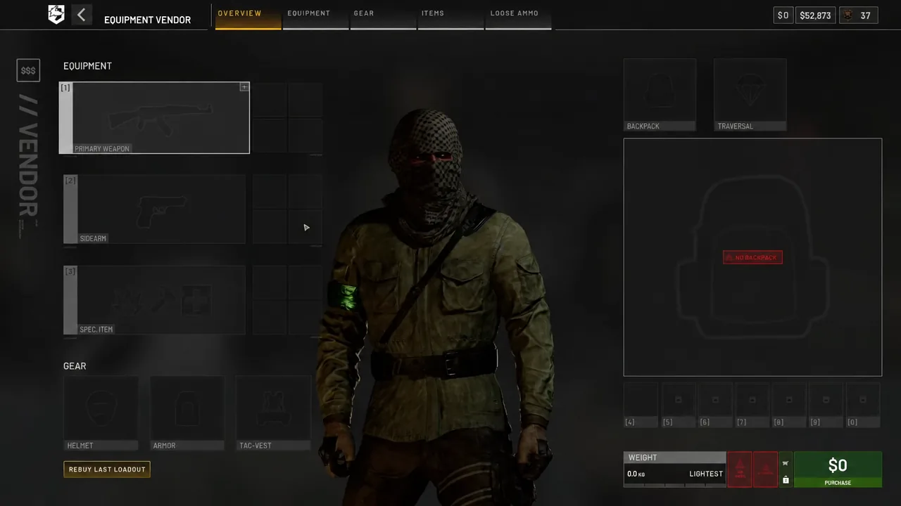 Equipment Vendor loadout screen with a gear slot highlighted for selection