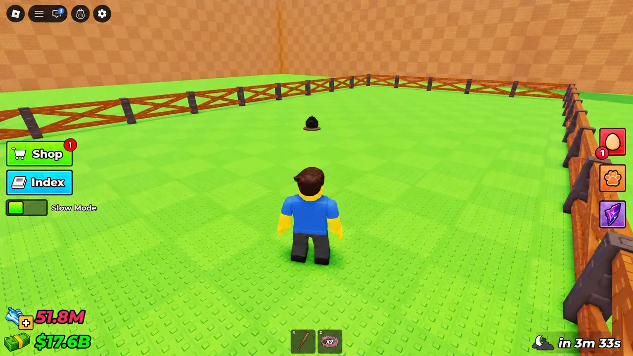Player avatar standing in the boss arena with the Shop button showing a notification