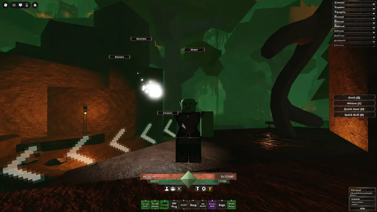 The Pale Beyond forest seen on arrival, with the full HUD and health bar on screen
