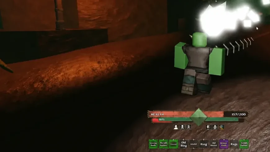 Player mid-attack on a glowing enemy with the Intruder Blade equipped in the hotbar
