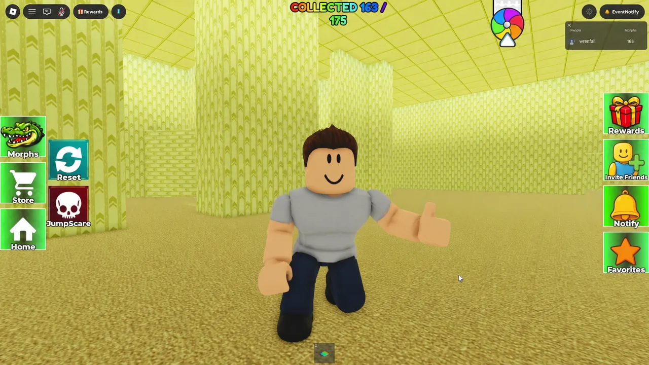 Avatar standing inside the yellow Backrooms area with the collection counter reading 163 of 175