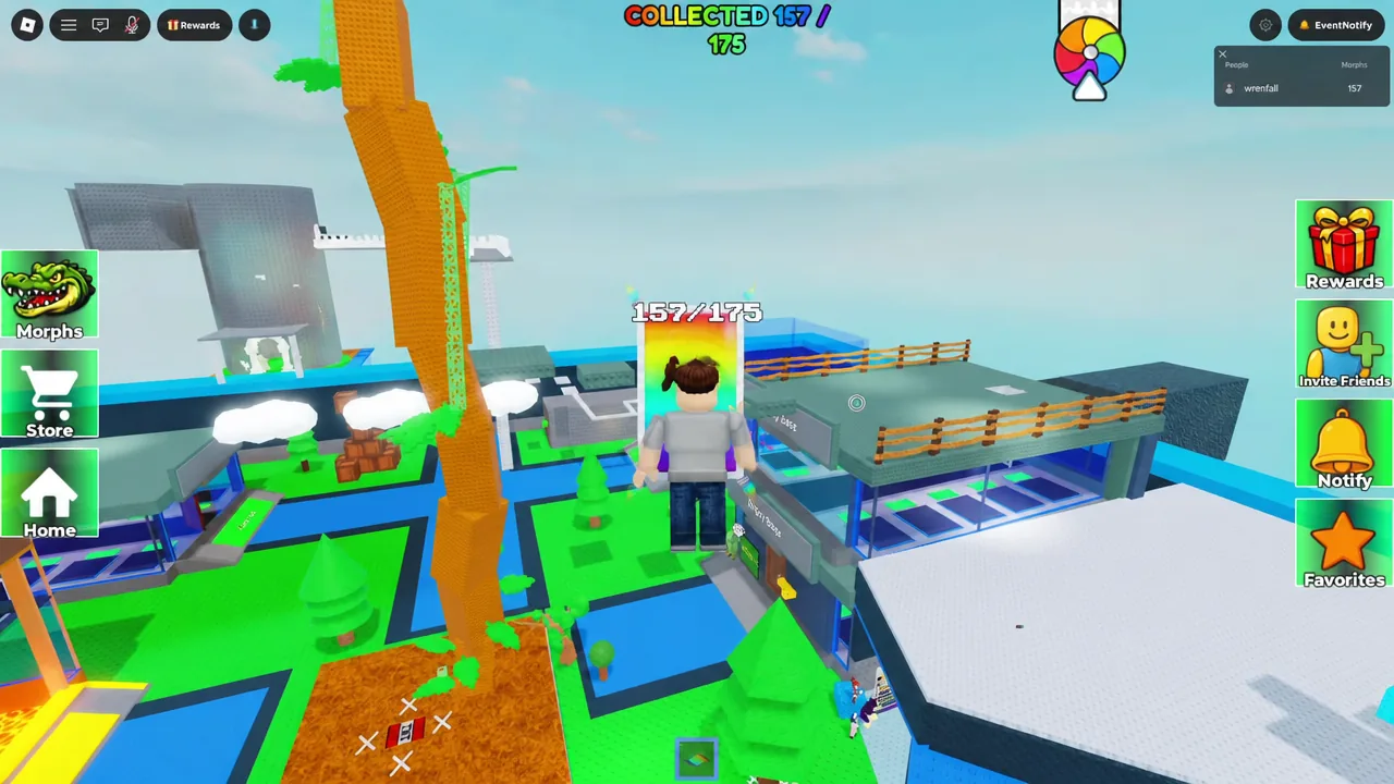 Player avatar on the main map with the Collected 157/175 counter and Morphs button on screen