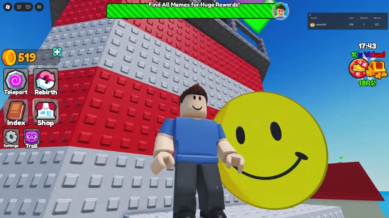 Player standing next to the giant yellow smiley face that represents the Verity meme