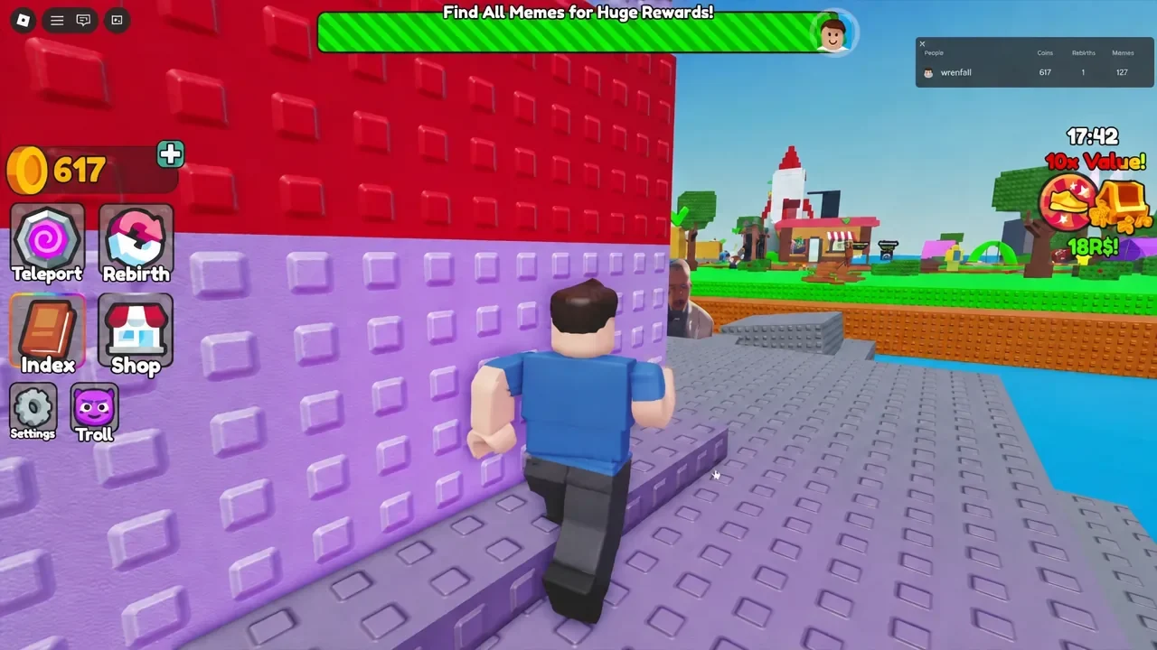 Avatar walking along a purple platform next to a red and purple wall